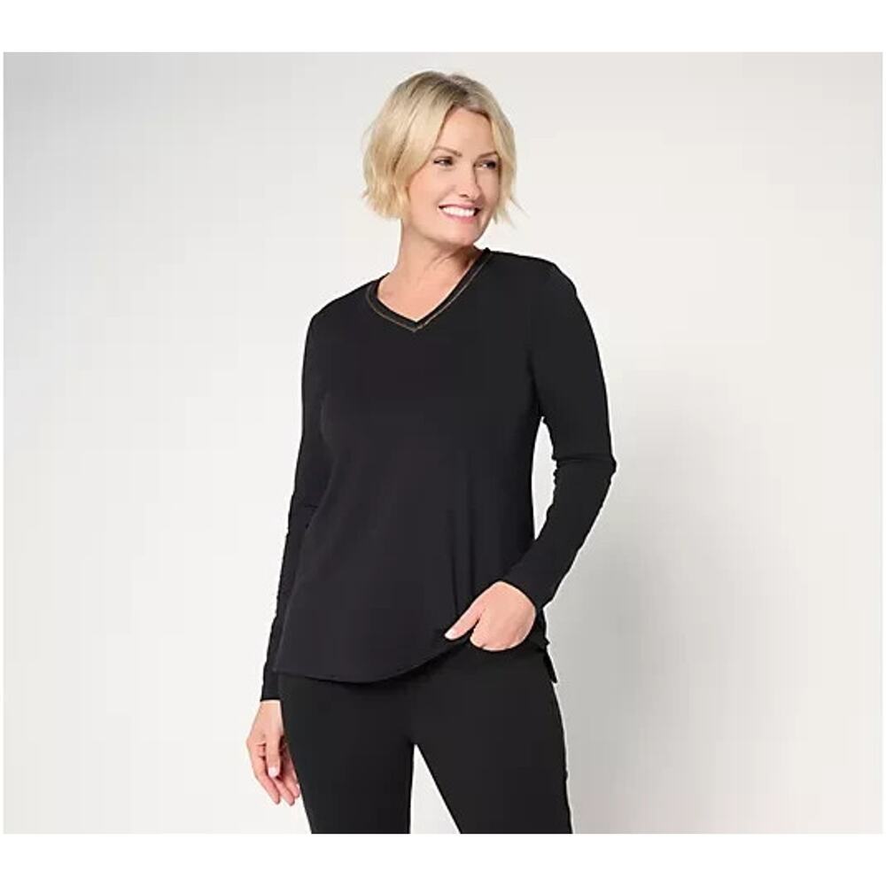 Jingle Belles by Kim Gravel TripleLuxe Sparkle V-Neck Top Black Small A711036